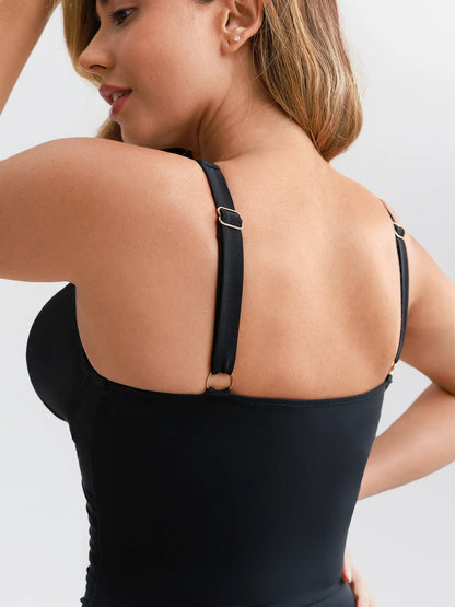 Feelingirl Deep V Ruched Removable Pads Shaping Mesh Swimsuit