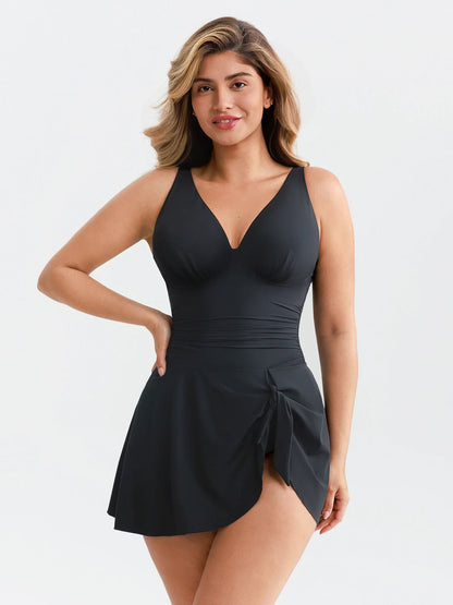 Feelingirl Deep V Ruched Removable Pads Shaping Mesh Swimsuit