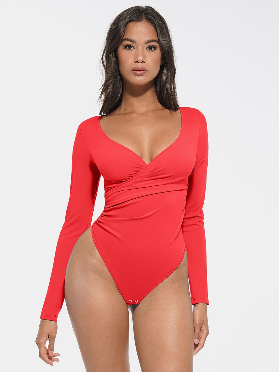 Wholesale Sexy V-neck Overlapping pleated Waist and Tummy Control Antibacterial Crotch Bodysuit