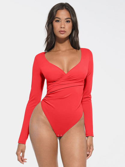 Wholesale Sexy V-neck Overlapping pleated Waist and Tummy Control Antibacterial Crotch Bodysuit