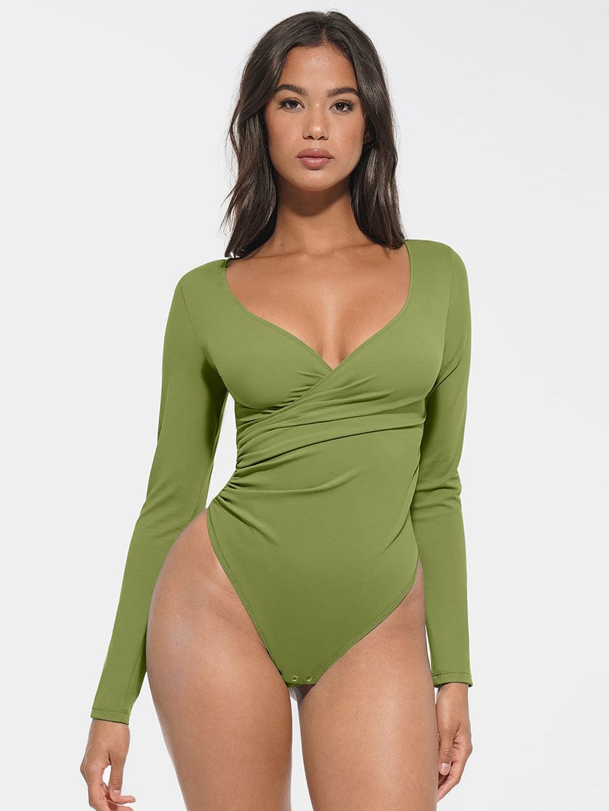 Wholesale Sexy V-neck Overlapping pleated Waist and Tummy Control Antibacterial Crotch Bodysuit