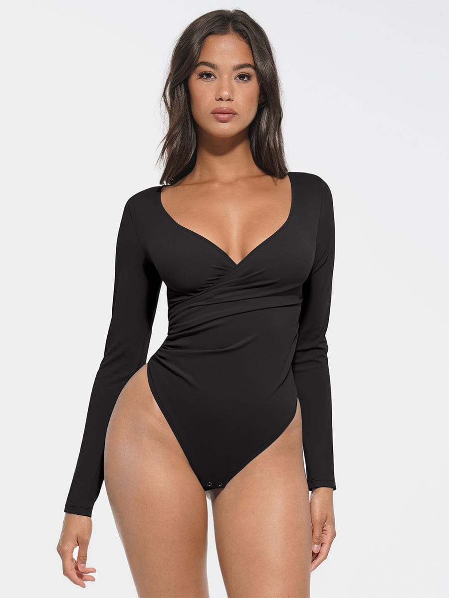 Wholesale Sexy V-neck Overlapping pleated Waist and Tummy Control Antibacterial Crotch Bodysuit
